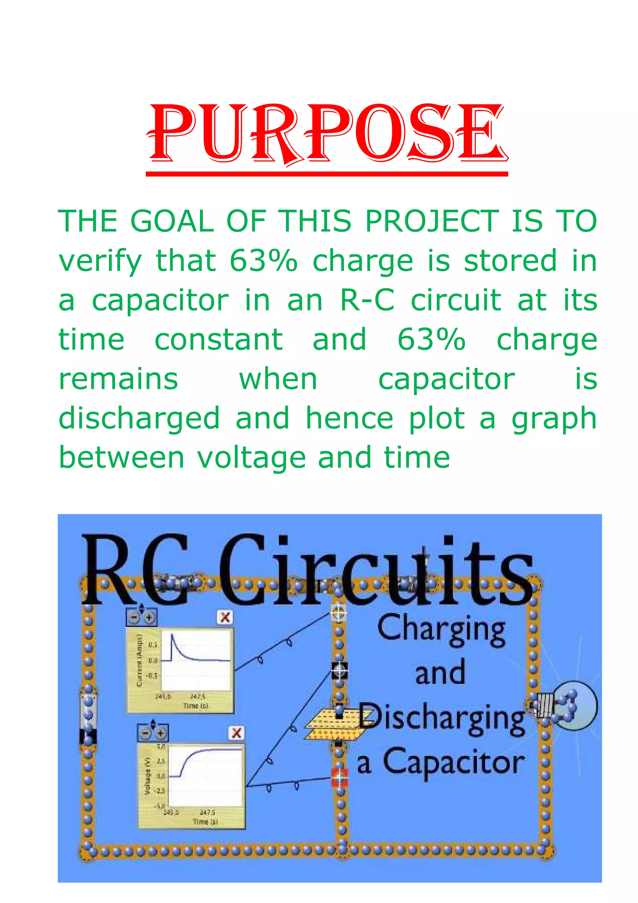 PURPOSE
THE GOAL OF THIS PROJECT IS TO
verify that 63% charge is stored in
a capacitor in an R-C circuit at its
time constant and 63% charge
remains when capacitor is
discharged and hence plot a graph
between voltage and time
 