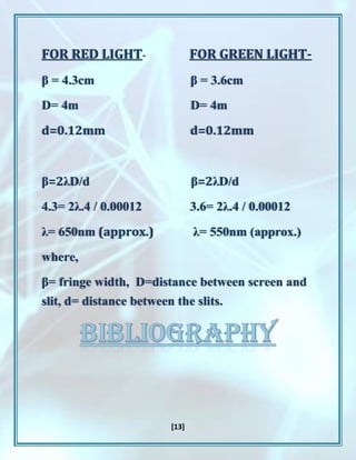 [13]
FOR RED LIGHT- FOR GREEN LIGHT-
β = 4.3cm β = 3.6cm
D= 4m D= 4m
d=0.12mm d=0.12mm
β=2λD/d β=2λD/d
4.3= 2λ.4 / 0.00012 3.6= 2λ.4 / 0.00012
λ= 650nm (approx.) λ= 550nm (approx.)
where,
β= fringe width, D=distance between screen and
slit, d= distance between the slits.
 