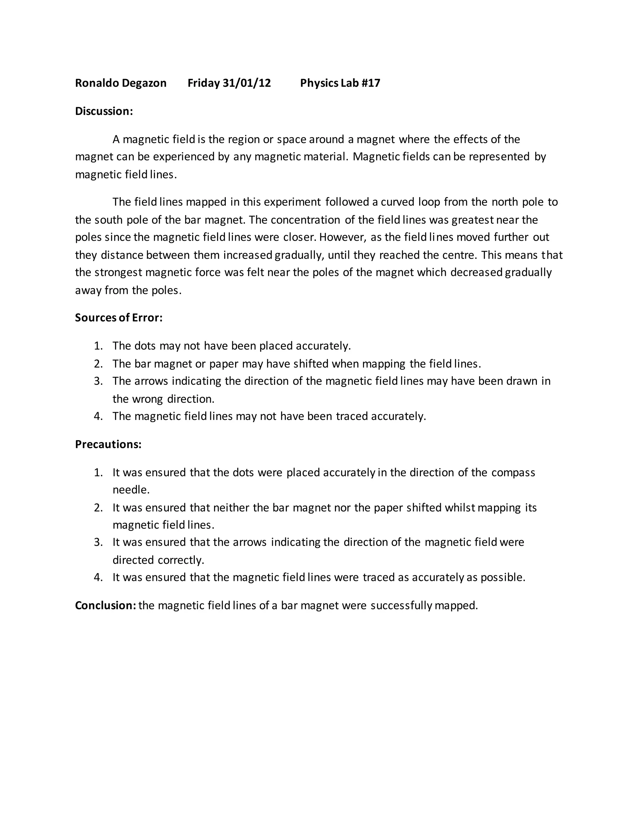 CSEC Physics Lab - Mapping the magnetic fields of a bar magnet | DOCX