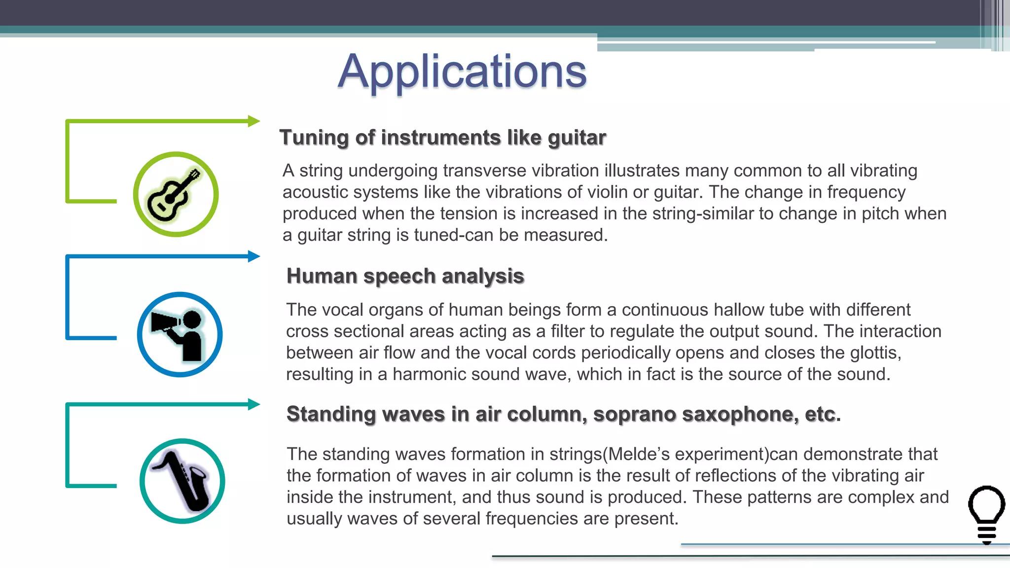 A string undergoing transverse vibration illustrates many common to all vibrating
acoustic systems like the vibrations of violin or guitar. The change in frequency
produced when the tension is increased in the string-similar to change in pitch when
a guitar string is tuned-can be measured.
Tuning of instruments like guitar
The vocal organs of human beings form a continuous hallow tube with different
cross sectional areas acting as a filter to regulate the output sound. The interaction
between air flow and the vocal cords periodically opens and closes the glottis,
resulting in a harmonic sound wave, which in fact is the source of the sound.
Human speech analysis
The standing waves formation in strings(Melde’s experiment)can demonstrate that
the formation of waves in air column is the result of reflections of the vibrating air
inside the instrument, and thus sound is produced. These patterns are complex and
usually waves of several frequencies are present.
Standing waves in air column, soprano saxophone, etc.
 