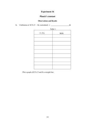 Experiment 16

                                 Planck’s constant

                               Observations and Results

1.   Calibration of R Vs T : Ro (calculated) = _____________________Ω

                                                 Table 1.

                                 T (oC)                     R(Ω)




        Plot a graph of R Vs T and fit a straight line.




                                           104
 
