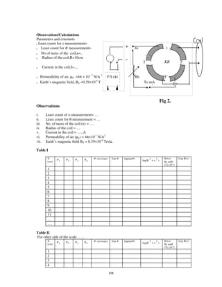 Observations/Calculations
Parameters and constants
. Least count for x measurement=
. Least count for θ measurement=                                              6v                                 1
. No of turns of the coil,n=..                                                                                               1
. Radius of the coil,R=10cm                                mA
                                                            k                      2                            KR                2’
.      Current in the coil,I=....                                                                           2

. Permeability of air, µ0 =4π × 10 −7 N/A 2            P.S ckt                Rh                                1’       1
. Earth’ s magnetic field, BE =0.39×10-4 T                                          To mA




                                                                                                            Fig 2.
Observations

i.       Least count of x-measurement= …
ii.      Least count for θ measurement = …
iii.     No. of turns of the coil (n) = …
iv.      Radius of the coil = …
v.       Current in the coil = … ..A
vi.      Permeability of air (µo) = 4π×10-7 N/A2
vii.     Earth’ s magnetic field BE = 0.39×10-4 Tesla.

Table I

          X      θ1     θ2    θ3    θ4       θ (average)    Tan θ    log(tanθ )            2        2           B(x)=            Log B(x)
          (cm)                           4                       4                 log(R       +x       )       BE tanθ
                                                                                                                (T) (10-4)
          1
          2
          3
          4
          5
          6
          7
          8
          9
          10
          11
          …
          ….

Table II
For other side of the scale … …
          X      θ1     θ2    θ3    θ4       θ (average)    Tan θ    log(tanθ )            2        2           B(x)=            Log B(x)
          (cm)                           4                       4                 log(R       +x       )       BE tanθ
                                                                                                                (T) (10-4)
          1
          2
          3
          4

                                                           108
 