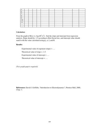 5
      6
      7
      8
      9
      10
      11
      …
      ….


Calculation:

From the graph of B(x) vs. log (R2+x2), find the slope and intercept from regression
analysis. Slope should be -1.5 according to Biot-Savart law, and intercept value should
match with the value calculated using µo, n, I, and R.

Results:

       Experimental value of exponent (slope) = … .
       Theoretical value of slope = -1.5
       Experimental value of intercept = … .
       Theoretical value of intercept = … .



(Two graph papers required).




References: David J. Griffiths, “ Introduction to Electrodynamics” , Prentice Hall, 2000,
Chap. 5.




                                              109
 
