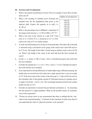 III. Exercises and Viva Questions
1.   What is the general classification of errors? Give an example of each. How are they
     taken care of?
                                                                      Radius of curvature(cm)
2.   What is the meaning of standard error? Calculate the
     standard error for the hypothetical data given in the                 130.121
                                                                           130.126
     adjacent table. Express the quantity as in eq(5) i.e.                 130.139
     R =R ±d                                                               130.148
                                                                           130.155
3.   What is the percentage error in Millikan’s experiment of              130.162
     the charge of the electron: e = (1.591± 0.002) x 10-19 C?             130.162
                                                                           130.169
4.   What is the error in the volume of a cube V=L3 if the
     error in L is 0.01m? If L is measured as L= 2 ± 0.01,
     express the value of V in a similar manner.
5.   A small steel ball-bearing rests on top of a horizontal table. The radius (R) of the ball
     is measured using a micrometer screw gauge (with vernier least count 0.05 mm) to
     be 2.15 mm. The height of the table is found using an ordinary meter scale to be 90
     cm. What is the height of the center of the steel ball from the floor (include the
     error)?.
6.   Let Q = x - y, where x= 100 ± 2 and y = 96 ± 2 .Calculate Q (express the result with
     the error included)
7.   Consider the quantity Q = x / y. If x = 50 ± 1 and y = 3 ± 0.2. Calculate Q (express
     the result with the error included)
8.   In an experiment involving diffraction of sodium light using a diffraction grating, the
     double lines are unresolved at first order and a single spectral line is seen at an angle
     of 130. If the least count of the vernier of the telescope is 1/, what will be the error in
     the calculated value of the grating constant d? (Principal maxima of a grating occurs
     at angles   such that d sin     = m . The wavelength separation between the sodium
                             0
     double slit lines is 6 A )
9    Consider an experiment to measure the gravitational acceleration ‘g’ by measuring
     the time period of a simple pendulum. What are the possible sources of systematic
     error in this experiment?
10. “If there are always errors in any measurement then there is nothing like the ‘true’
     value of any measured quantity “. Comment on this statement. In what sense then do
     you understand the values of ‘physical constants’ to be constants?




                                              11
 