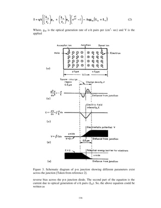 Lp                      qV

I = qA
          τp
               pn +
                       Ln
                       τn
                            np                    (
                                 e kT − 1 − Aqg op L p + L n   )               ( 2)


Where, gop is the optical generation rate of e-h pairs per (cm3- sec) and V is the
applied




Figure 3. Schematic diagram of p-n junction showing different parameters exist
across the junction [Taken from reference 2].

reverse bias across the p-n junction diode. The second part of the equation is the
current due to optical generation of e-h pairs (Iop). So, the above equation could be
written as


                                       116
 