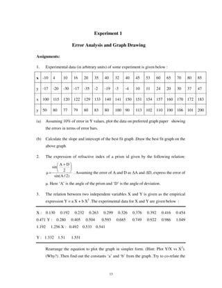 Experiment 1

                            Error Analysis and Graph Drawing

Assignments:

1.      Experimental data (in arbitrary units) of some experiment is given below :

x     -10     4      10      16      20     35     40        32    40     45     53      60     65    70      80    85

y     -17     -20    -30     -17     -35    -2     -19       -3    -4     10     11      24     20    30      37    47

x     100     115    120     122     129    133    140       141   150    151    154     157    160   170     172   183

y     50      80     77      79      80     83     80        100   90     113    102     110    100   106     101   200

(a)     Assuming 10% of error in Y values, plot the data on preferred graph paper showing
        the errors in terms of error bars.

(b)     Calculate the slope and intercept of the best fit graph .Draw the best fit graph on the
        above graph.

2.      The expression of refractive index of a prism id given by the following relation:
                 A+D
             sin
                   2
            =                . Assuming the error of A and D as A and D, express the error of
              sin(A / 2)
           . Here ‘A’ is the angle of the prism and ‘D’ is the angle of deviation.

3.      The relation between two independent variables X and Y is given as the empirical
        expression Y = a X + b X3 .The experimental data for X and Y are given below :

X : 0.130           0.192    0.232        0.263    0.299      0.326      0.376   0.392        0.416   0.454
0.471 Y : 0.280             0.405    0.504        0.593      0.685       0.749   0.922        0.986   1.049
1.192        1.256 X : 0.492 0.533 0.541

Y : 1.332 1.51              1.531

        Rearrange the equation to plot the graph in simpler form. (Hint: Plot Y/X vs X2).
        (Why?) .Then find out the constants ‘a’ and ‘b’ from the graph .Try to co-relate the



                                                        13
 