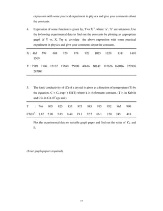 expression with some practical experiment in physics and give your comments about
     the constants.

4.   Expression of some function is given by, Y=a X b, where ‘a’, ‘b’ are unknown .Use
     the following experimental data to find out the constants by plotting an appropriate
     graph of Y vs. X. Try to co-relate                    the above expression with some practical
     experiment in physics and give your comments about the constants.

X : 465     599          688          720         878        922      1025     1220    1311     1410
     1509

Y : 2589    7106      12132      15680        25090        40616     60142    117626 168086   222876
     287091




5.   The ionic conductivity of (C) of a crystal is given as a function of temperature (T) by
     the equation, C = C0 exp (+ E/kT) where k is Boltzmann constant. (T is in Kelvin
     and C is in CX107 cgs unit)

T     : 746        805         825          853     875       885      915      952   965     990

CX107 : 1.82       2.90        5.85     8.40        19.1      32.7     66.1     120   245     418

     Plot the experimental data on suitable graph paper and find out the value of C0 and
     E.




(Four graph papers required).




                                                        14
 