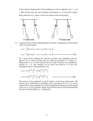 In this mode the displacements of the pendulums are always opposite (x1(t) = - x2 (t)
     ). Their motions have the same amplitude and frequency (=                                            2)   but with a relative
     phase difference of            . Figure 2 shows the motions in the normal modes.




I.4. A general motion of the coupled pendulums will be be a superposition of the motions
     of the two normal modes:
                    1
       x A (t ) =     [A1 cos (         1   t+   1   ) + A2 cos(           2   t+   2   )]
                    2
                    1
       x B (t ) =     [A1 cos(      1   t+       1   ) − A2 cos(           2   t+   2   )] --------------------------------- (11)
                    2
     For a given initial condition the unknown constants (two amplitudes and two
     phases) can be solved. Consider the case where the pendulum A is lifted to a
     displacement A at t = 0 and released from rest while B remains at its equilibrium
     position at t = 0. The constants can be solved (see Exercise 4) to give the
     subsequent motions of the pendulums to be
                                −                             +
       x A (t ) = A cos     2           1
                                            t cos         2       1
                                                                       t
                                2                             2

                                −                            +
       x B (t ) = A sin     2           1
                                            t sin        2        1
                                                                      t                 ----------------------------------- (12)
                                2                            2
     The motions of the pendulums A and B exhibit a typical beat phenomenon. The
     motion can be understood as oscillations with a time period 4 / ( 2 + 1) and a
     sinusoid ally varying amplitude A(t) with the amplitude becoming zero with a period
     of 4 / ( 2- 1). As an example, Figure 3(a),3(b) show plots of x(t)=sin(2 t)sin(50 t)
     and x(t)=cos(2 t)cos(50 t) vs. t respectively.




                                                                      18
 