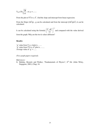 2k
Tmin=2π       , so, g =…….
            g

From the plot of T2d vs. d2 , find the slope and intercept from linear regression.

From the Slope (4π2/g) , g can be calculated and from the intercept [(4π2/g)k2], k can be
calculated.

                                                   1/ 2
                                        l 2 + b2
k can be calculated using the formula               and compared with the value derived
                                           12
from the graph. Why are the two k values different?


Results:

‘g’ value from T vs. d plot is ……
‘g’ value from T2d vs. d2 plot is …….
Average value of ‘g’ = …..


(Two graph papers required).

References:
1. Haliday, Resnick and Walker, “Fundamentals of Physics”, 6th Ed. (John Wiley,
   Singapore, 2001), Chap. 16.




                                             25
 