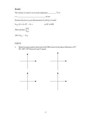 Results:

The velocity of sound in air at room temperature __________0 C is

v = _________________________________ m/ sec.

Estimate the error in your determination of velocity of sound:

VEmp (T) = V0 T ; V0 =                      at 200 or NTP

                 ∆V
Then calculate
                 VEMP

∆V = VEMP ~ Vtmp



PART B

1.   Sketch Lissajous pattern observed on the CRO screen for the phase differences of 00,
     900, 1800, 2700 between X and Y signals.




                                            37
 