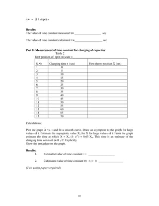 = - (1 / slope) =


Results:
The value of time constant measured = __________________ sec

The value of time constant calculated =___________________ sec


Part B: Measurement of time constant for charging of capacitor
                        Table 2
       Rest position of spot on scale =___________________

        S No         Charging time t (sec)          First throw position X (cm)
        1                     0
        2                     5
        3                    10
        4                    15
        5                    20
        6                    25
        7                    30
        8                    35
        9                    40
        10                   45
        11                   50
        12                   55
        13                   60
        14                   65
        15                   70

Calculations:

Plot the graph X vs. t and fit a smooth curve. Draw an asymptote to the graph for large
values of t. Estimate the asymptotic value Xo for X for large values of t. From the graph
estimate the time at which X = Xo (1- e-1) = 0.63 Xo. This time is an estimate of the
charging time constant = R 1 C. Explicitly
Show the procedure on the graph.

Results:
       1.       Estimated value of time constant = _______________

       2.       Calculated value of time constant = R1C = ______________

(Two graph papers required).




                                             69
 