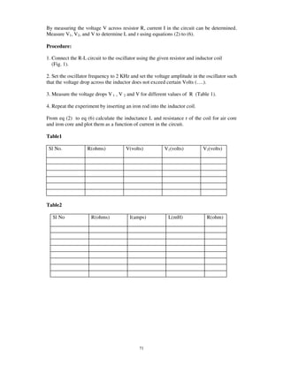 By measuring the voltage V across resistor R, current I in the circuit can be determined.
Measure V1, V2, and V to determine L and r using equations (2) to (6).

Procedure:

1. Connect the R-L circuit to the oscillator using the given resistor and inductor coil
   (Fig. 1).

2. Set the oscillator frequency to 2 KHz and set the voltage amplitude in the oscillator such
that the voltage drop across the inductor does not exceed certain Volts (… .).

3. Measure the voltage drops V 1 , V 2 and V for different values of R (Table 1).

4. Repeat the experiment by inserting an iron rod into the inductor coil.

From eq (2) to eq (6) calculate the inductance L and resistance r of the coil for air core
and iron core and plot them as a function of current in the circuit.

Table1

 Sl No.             R(ohms)            V(volts)           V1(volts)          V2(volts)




Table2

   Sl No              R(ohms)            I(amps)            L(mH)              R(ohm)




                                              71
 