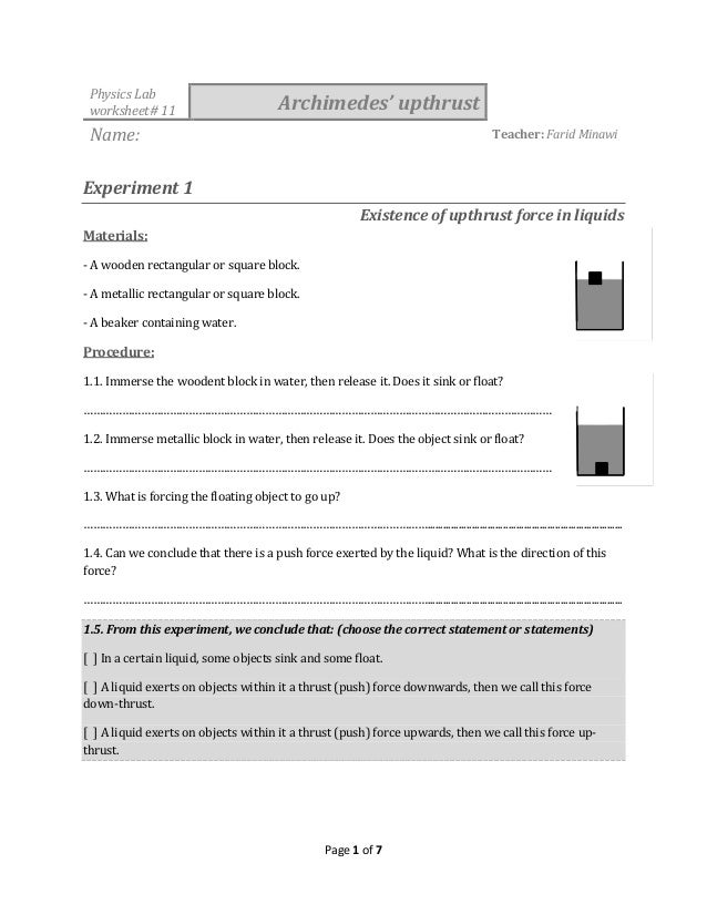 Physics Lab Worksheet Archimedes Upthrust