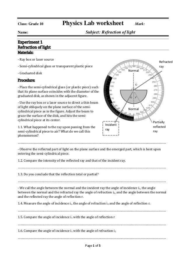 Physics Lab Worksheet Refraction