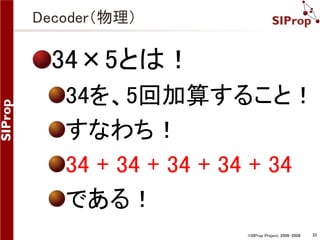 ©SIProp Project, 2006-2008 33 
Decoder（物理） 
34×5とは！ 
34を、5回加算すること！ 
すなわち！ 
34 + 34 + 34 + 34 + 34 
である！ 
 