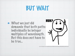 BUT WAIT
What we just did
demands that both paths
individually be integer
multiples of wavelength.
But this does not have to
be true…
http://1.bp.blogspot.com/-QpnXjGcLfg0/Tw25JfjDQLI/AAAAAAAAAlo/QfGAyNhVR0w/s1600/huh.gif
 