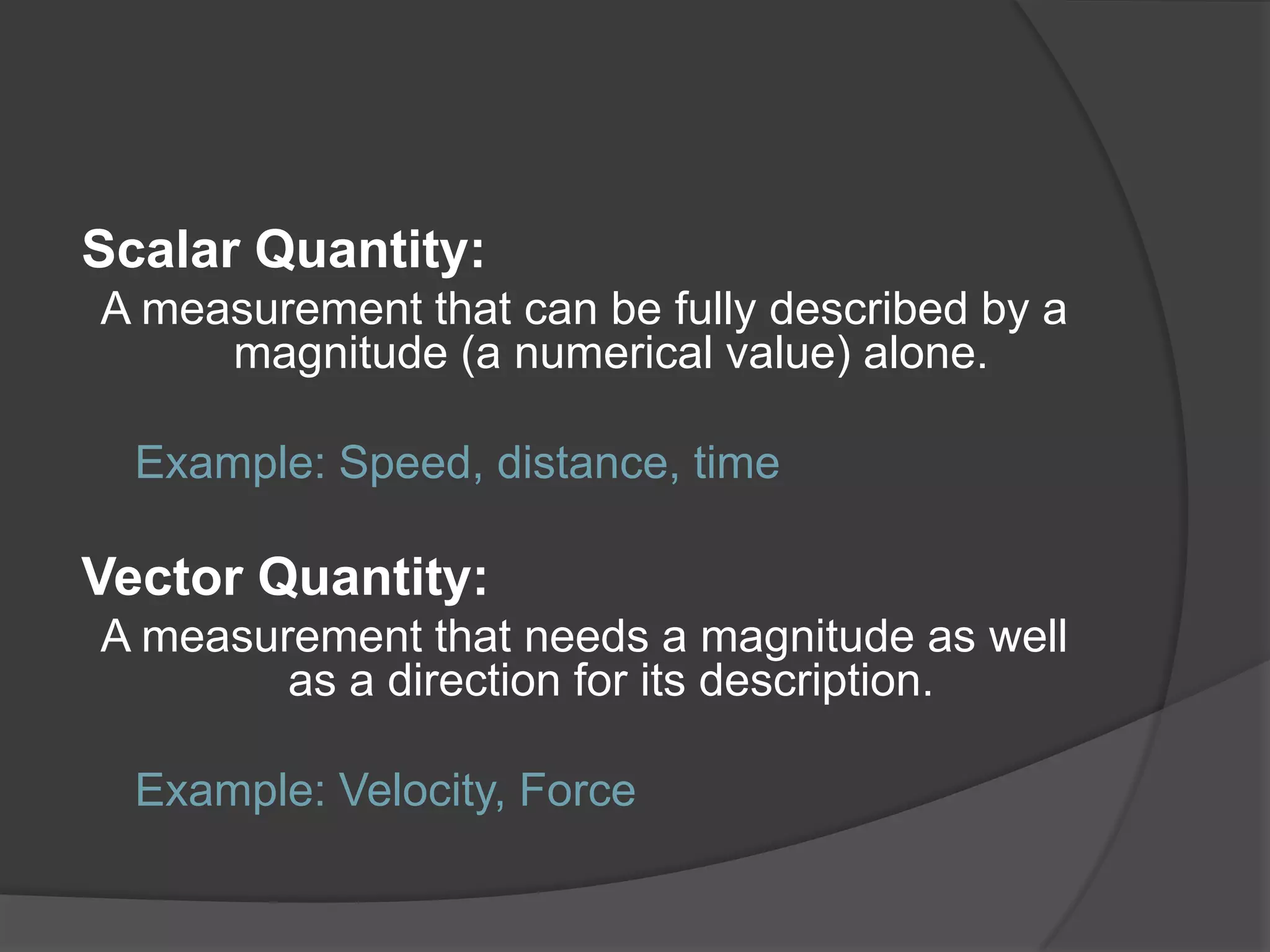 Scalar Quantity:
A measurement that can be fully described by a
     magnitude (a numerical value) alone.

  Example: Speed, distance, time

Vector Quantity:
A measurement that needs a magnitude as well
        as a direction for its description.

  Example: Velocity, Force
 