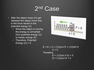 2nd Case
• After the object mass (m) get
released the object move due
to the force stored in the
potential energy (U)
• Since the object is moving
the energy is converted
from potential energy (U)
to kinetic energy (K)
• Therefore, Potential
Energy (U) = 0
E = K + U = (1/2)mv^2 + (1/2)kX^2
U = 0
Therefore,
E = (1/2)m(-v^2) + 0
E = (1/2)mv^2 + 0
 