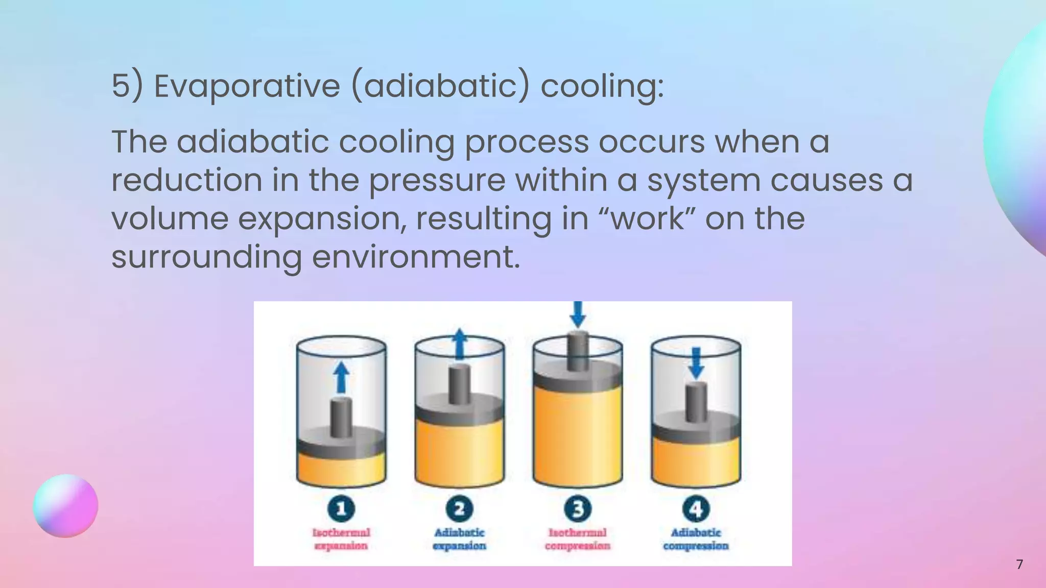 5) Evaporative (adiabatic) cooling:
The adiabatic cooling process occurs when a
reduction in the pressure within a system causes a
volume expansion, resulting in “work” on the
surrounding environment.
7
 