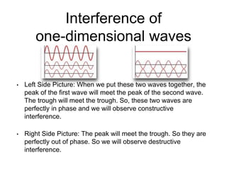 Interference of
one-dimensional waves
• Left Side Picture: When we put these two waves together, the
peak of the first wave will meet the peak of the second wave.
The trough will meet the trough. So, these two waves are
perfectly in phase and we will observe constructive
interference.
• Right Side Picture: The peak will meet the trough. So they are
perfectly out of phase. So we will observe destructive
interference.
 