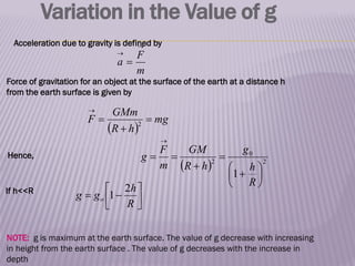 Acceleration due to gravity is defined by
Variation in the Value of g
m
F
a



Force of gravitation for an object at the surface of the earth at a distance h
from the earth surface is given by
 
mg
h
R
GMm
F 



2
  2
0
2
1 











R
h
g
h
R
GM
m
F
g
Hence,
If h<<R








R
h
g
g o
2
1
NOTE: g is maximum at the earth surface. The value of g decrease with increasing
in height from the earth surface . The value of g decreases with the increase in
depth
 