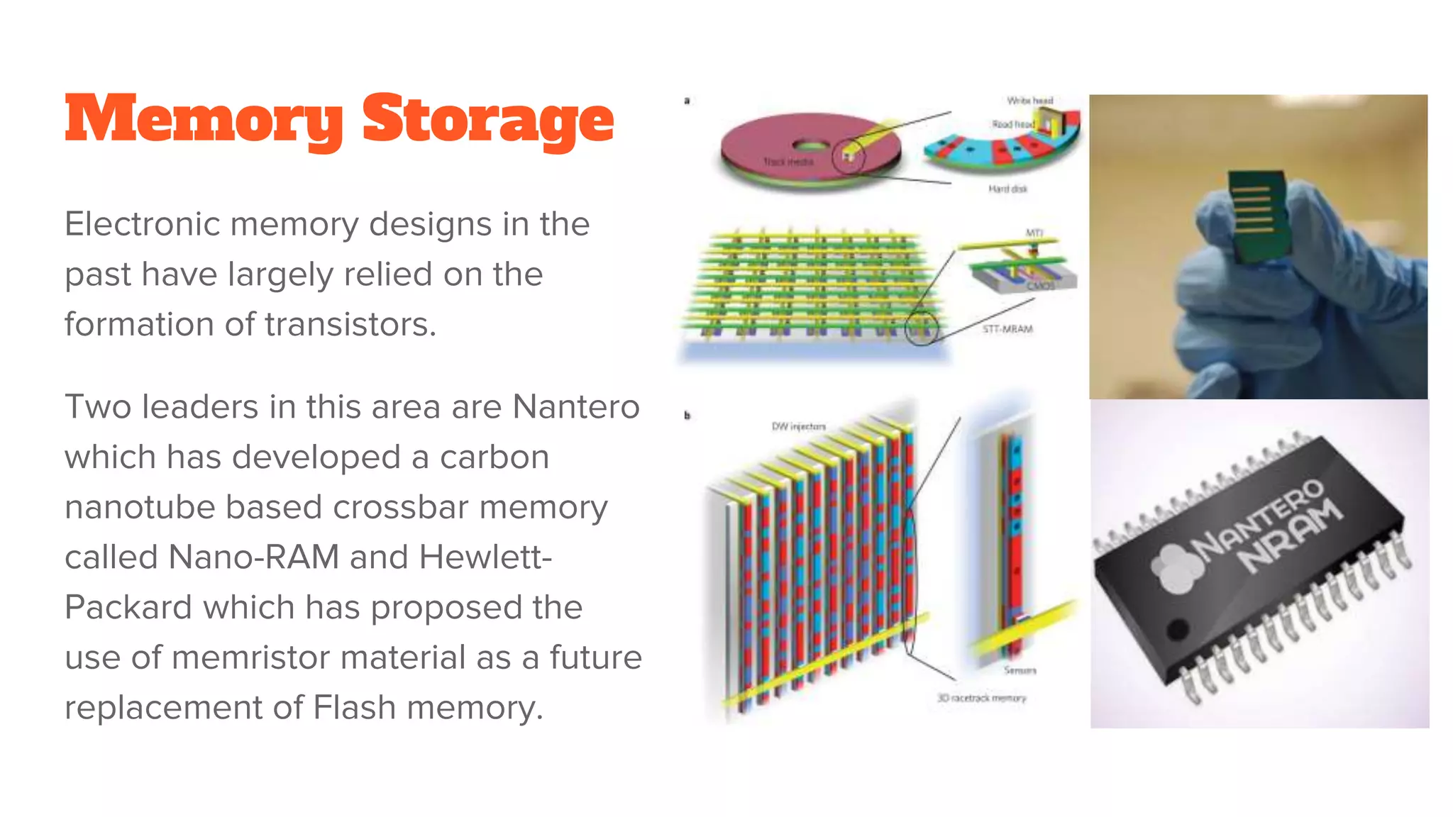 Memory Storage
Electronic memory designs in the
past have largely relied on the
formation of transistors.
Two leaders in this area are Nantero
which has developed a carbon
nanotube based crossbar memory
called Nano-RAM and Hewlett-
Packard which has proposed the
use of memristor material as a future
replacement of Flash memory.
 