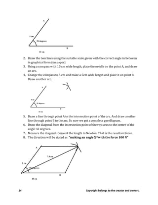 14 Copyright belongs to the creator and owners.
2. Draw the two lines using the suitable scale given with the correct angle in between
in graphical form (on paper).
3. Using a compass with 10 cm wide length, place the needle on the point A, and draw
an arc.
4. Change the compass to 5 cm and make a 5cm wide length and place it on point B.
Draw another arc.
5. Draw a line through point A to the intersection point of the arc. And draw another
line through point B to the arc. So now we got a complete parellogram.
6. Draw the diagonal from the intersection point of the two arcs to the centre of the
angle 50 degrees.
7. Measure the diagonal. Convert the length to Newton. That is the resultant force.
8. The direction will be stated as “making an angle X0 with the force 100 N”
 