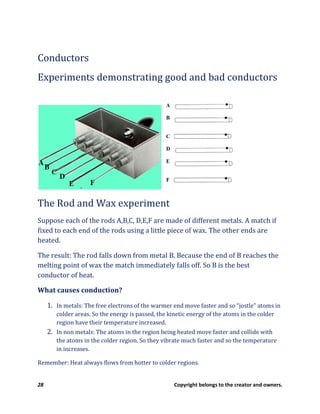 28 Copyright belongs to the creator and owners.
Conductors
Experiments demonstrating good and bad conductors
The Rod and Wax experiment
Suppose each of the rods A,B,C, D,E,F are made of different metals. A match if
fixed to each end of the rods using a little piece of wax. The other ends are
heated.
The result: The rod falls down from metal B. Because the end of B reaches the
melting point of wax the match immediately falls off. So B is the best
conductor of heat.
What causes conduction?
1. In metals: The free electrons of the warmer end move faster and so “jostle” atoms in
colder areas. So the energy is passed, the kinetic energy of the atoms in the colder
region have their temperature increased.
2. In non metals: The atoms in the region being heated move faster and collide with
the atoms in the colder region. So they vibrate much faster and so the temperature
in increases.
Remember: Heat always flows from hotter to colder regions.
 
