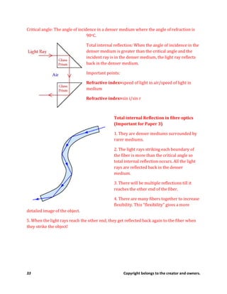 33 Copyright belongs to the creator and owners.
Critical angle: The angle of incidence in a denser medium where the angle of refraction is
90oC.
Total internal reflection: When the angle of incidence in the
denser medium is greater than the critical angle and the
incident ray is in the denser medium, the light ray reflects
back in the denser medium.
Important points:
Refractive index=speed of light in air/speed of light in
medium
Refractive index=sin i/sin r
Total internal Reflection in fibre optics
(Important for Paper 3)
1. They are denser mediums surrounded by
rarer mediums.
2. The light rays striking each boundary of
the fiber is more than the critical angle so
total internal reflection occurs. All the light
rays are reflected back in the denser
medium.
3. There will be multiple reflections till it
reaches the other end of the fiber.
4. There are many fibers together to increase
flexibility. This “flexibility” gives a more
detailed image of the object.
5. When the light rays reach the other end, they get reflected back again to the fiber when
they strike the object!
 