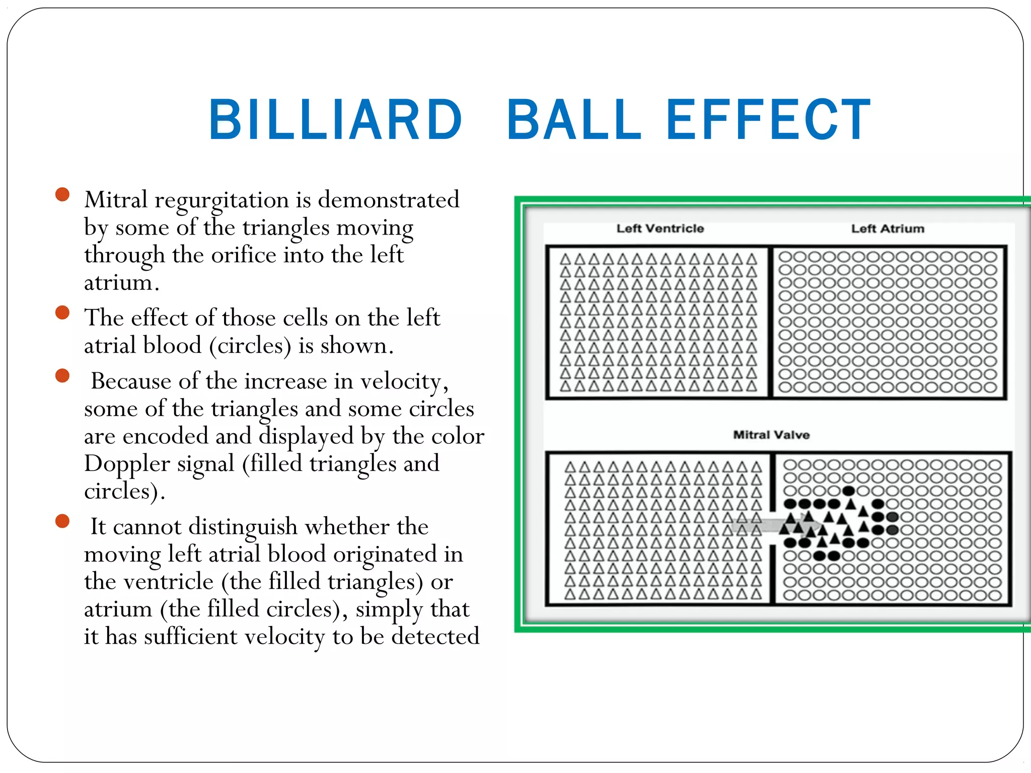 BILLIARD BALL EFFECT
 Mitral regurgitation is demonstrated
by some of the triangles moving
through the orifice into the left
atrium.
 The effect of those cells on the left
atrial blood (circles) is shown.
 Because of the increase in velocity,
some of the triangles and some circles
are encoded and displayed by the color
Doppler signal (filled triangles and
circles).
 It cannot distinguish whether the
moving left atrial blood originated in
the ventricle (the filled triangles) or
atrium (the filled circles), simply that
it has sufficient velocity to be detected
 