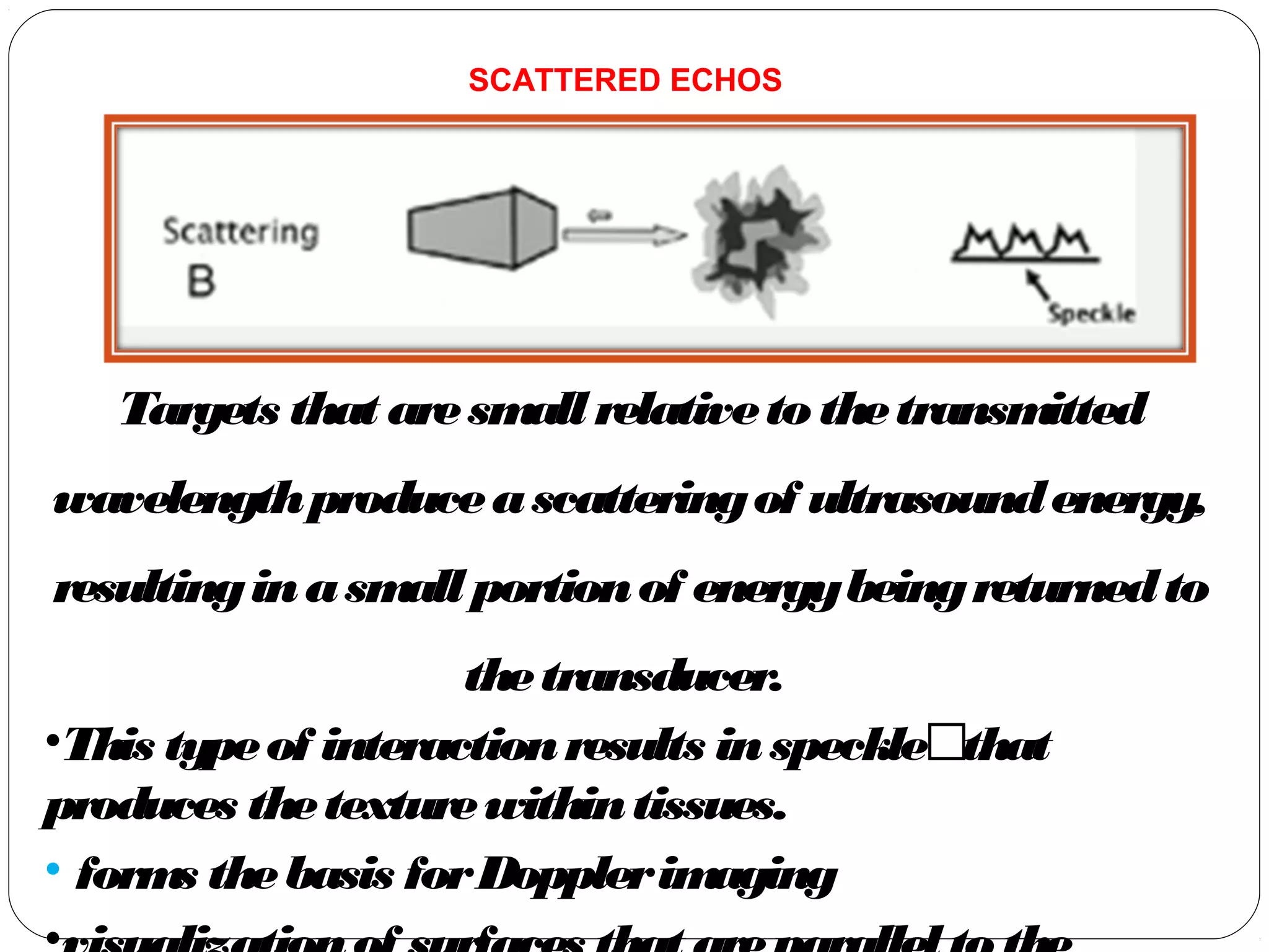 Targets that aresmallrelativetothetransmitted
wavelengthproduceascatteringof ultrasoundenergy,
resultinginasmallportionof energybeingreturnedto
thetransducer.
•This typeof interactionresults inspecklethat
produces thetexturewithintissues.
• forms thebasis forDopplerimaging
SCATTERED ECHOS
 
