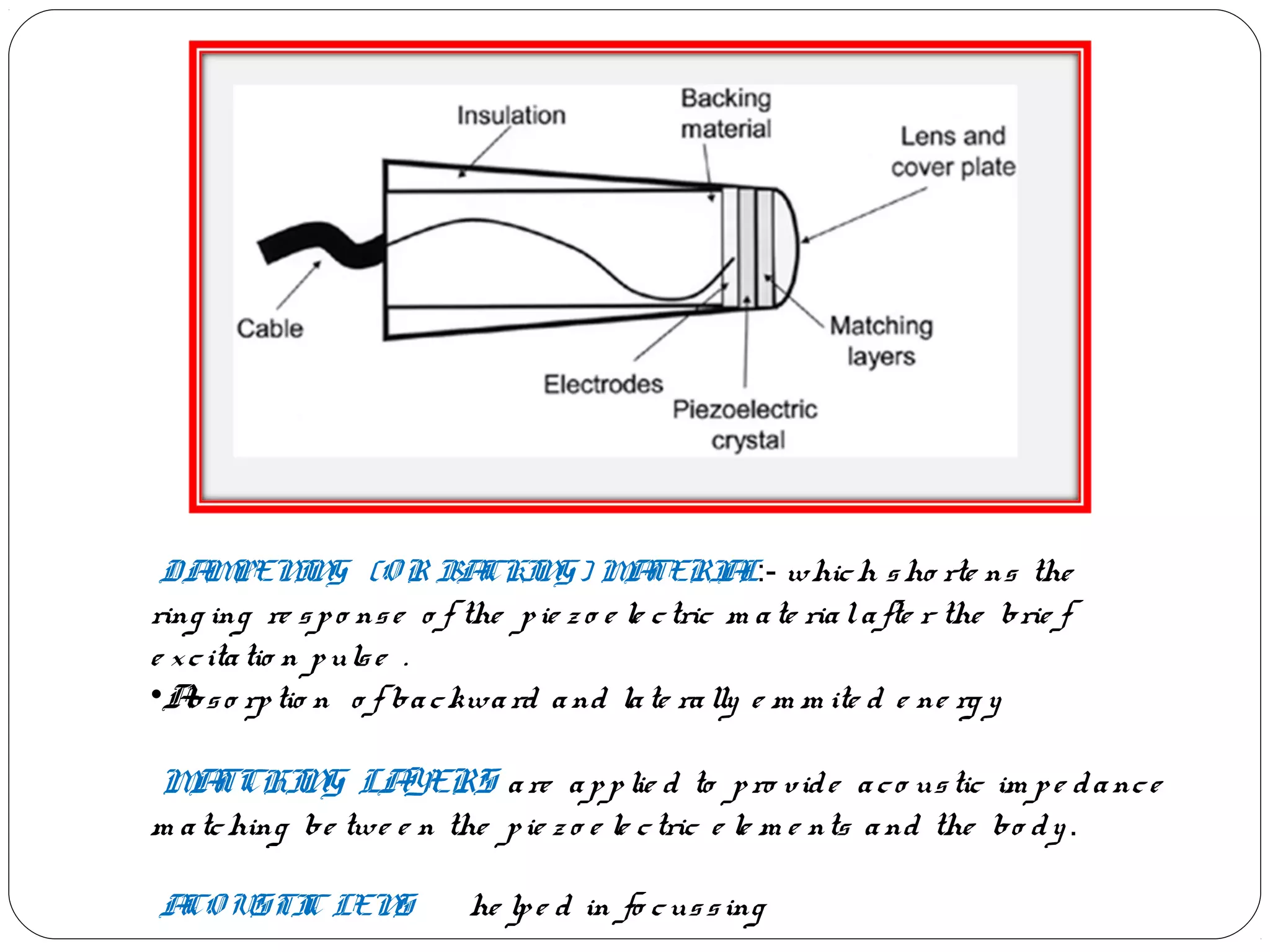 DAMPENING (O R BACKING) MATERIAL:- which sho rte ns the
ring ing re spo nse o f the pie zo e le ctric m ate rialafte r the brie f
e xcitatio n pulse .
•Abso rptio n o f backward and late rally e m m ite d e ne rg y
MATCHING LAYERS are applie d to pro vide aco ustic im pe dance
m atching be twe e n the pie z o e le ctric e le m e nts and the bo dy .
ACO USTIC LENS he lpe d in fo cussing
 