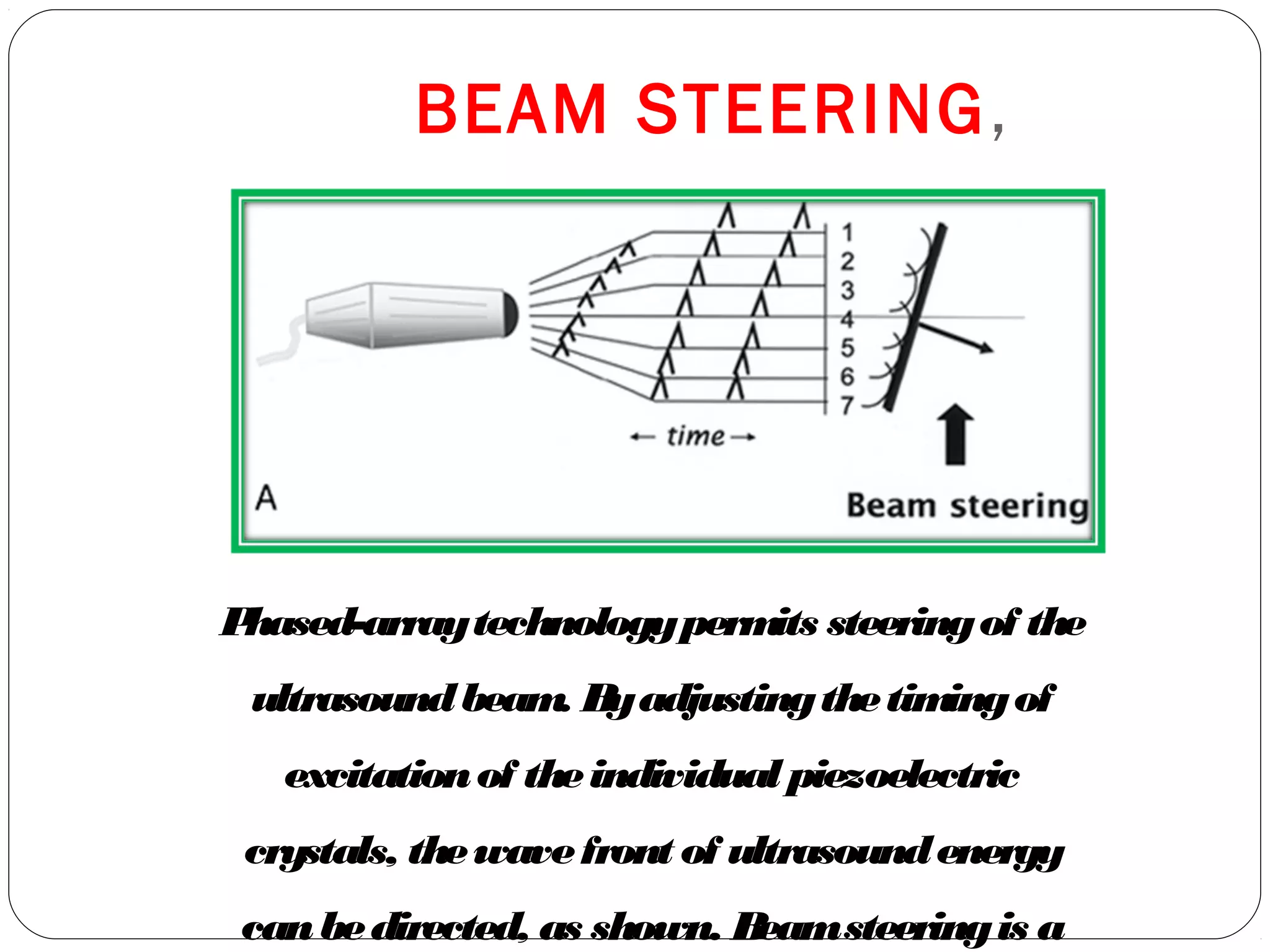 Phased-arraytechnologypermits steeringof the
ultrasoundbeam. Byadjustingthetimingof
excitationof theindividual piezoelectric
crystals, thewavefront of ultrasoundenergy
canbedirected, as shown. Beamsteeringis a
BEAM STEERING,
 