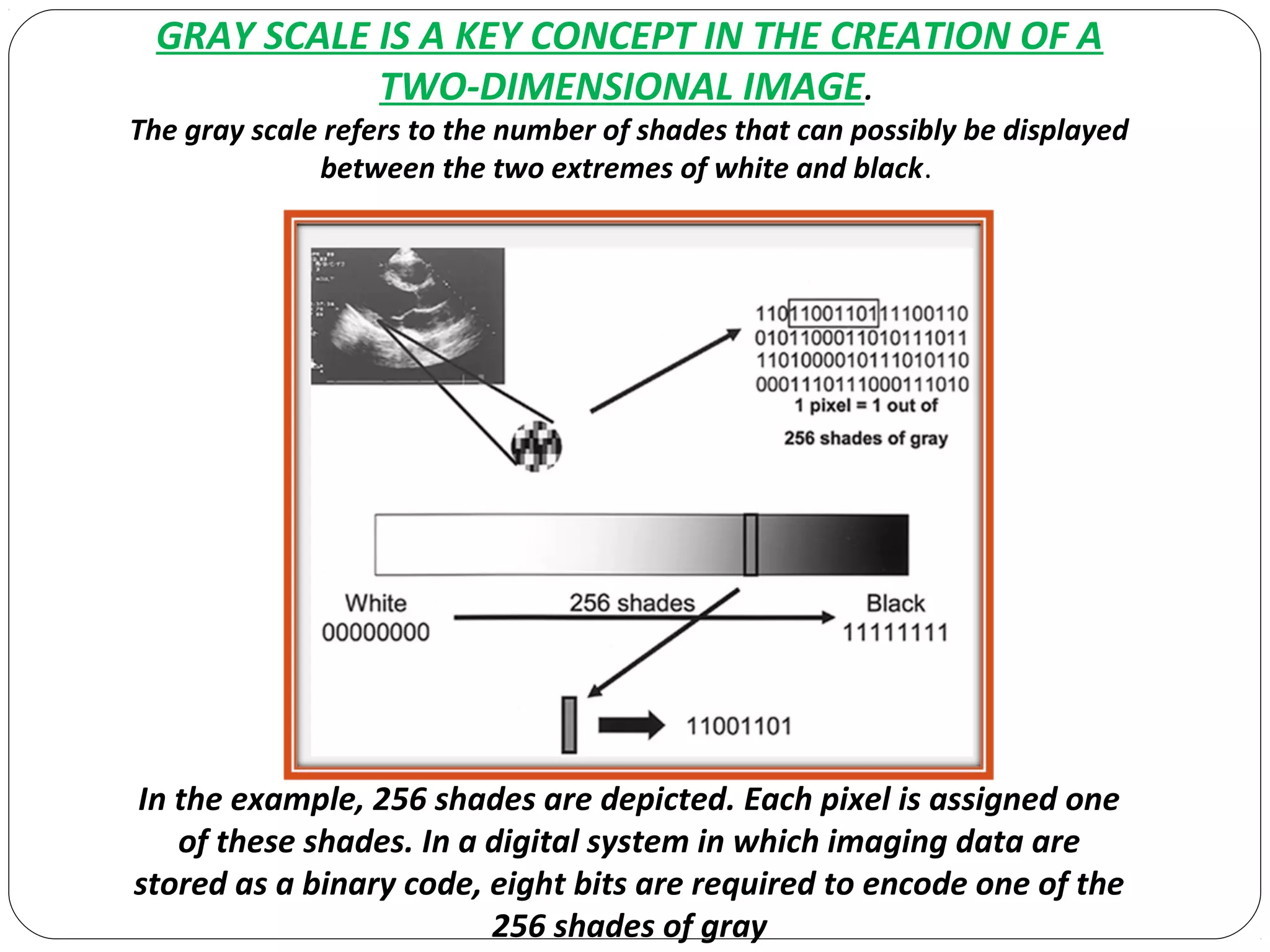 GRAY SCALE IS A KEY CONCEPT IN THE CREATION OF A
TWO-DIMENSIONAL IMAGE.
The gray scale refers to the number of shades that can possibly be displayed
between the two extremes of white and black.
In the example, 256 shades are depicted. Each pixel is assigned one
of these shades. In a digital system in which imaging data are
stored as a binary code, eight bits are required to encode one of the
256 shades of gray
 