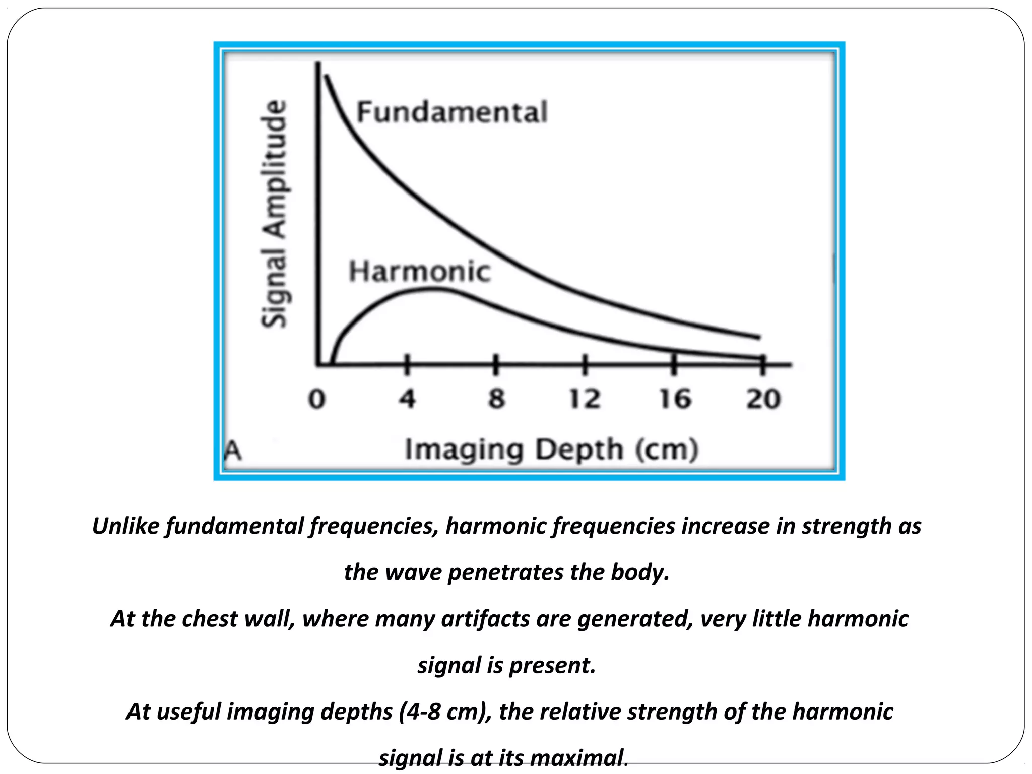 Unlike fundamental frequencies, harmonic frequencies increase in strength as
the wave penetrates the body.
At the chest wall, where many artifacts are generated, very little harmonic
signal is present.
At useful imaging depths (4-8 cm), the relative strength of the harmonic
signal is at its maximal.
 
