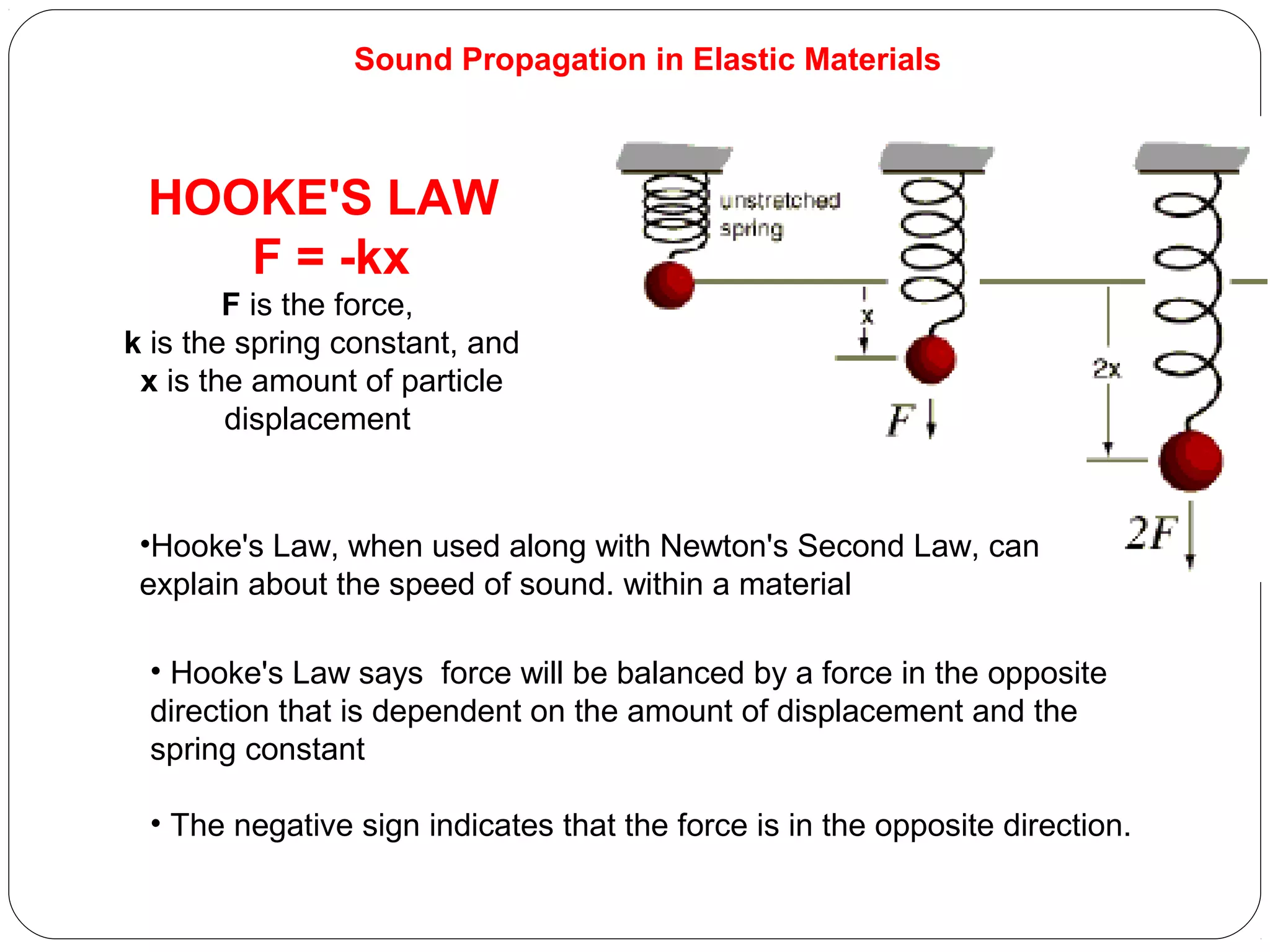 HOOKE'S LAW
 F = -kx
F is the force,
 k is the spring constant, and
 x is the amount of particle 
displacement
• Hooke's Law says  force will be balanced by a force in the opposite 
direction that is dependent on the amount of displacement and the 
spring constant 
• The negative sign indicates that the force is in the opposite direction.
Sound Propagation in Elastic Materials
•Hooke's Law, when used along with Newton's Second Law, can 
explain about the speed of sound. within a material
 
