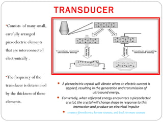 TRANSDUCER
•Consists of many small,
carefully arranged
piezoelectric elements
that are interconnected
electronically .
•Th...