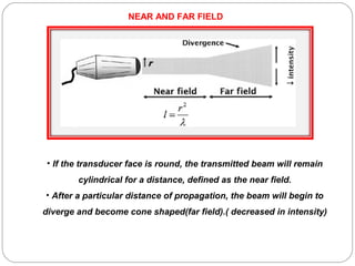 • If the transducer face is round, the transmitted beam will remain
cylindrical for a distance, defined as the near field....