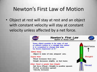 Newton’s First Law of Motion
• Object at rest will stay at rest and an object
with constant velocity will stay at constant
velocity unless affected by a net force.
 