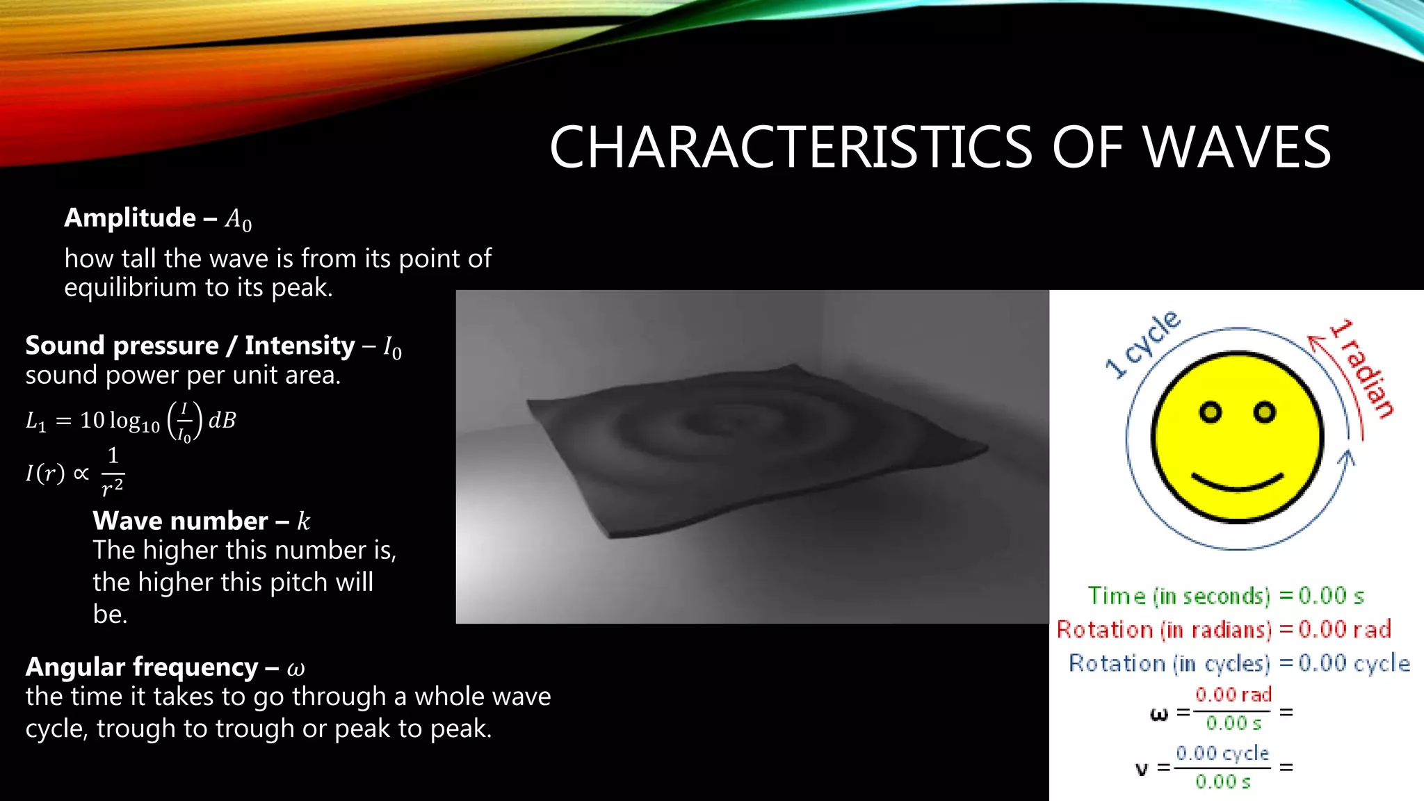 CHARACTERISTICS OF WAVES
Amplitude – 𝐴0
how tall the wave is from its point of
equilibrium to its peak.
Angular frequency – 𝜔
the time it takes to go through a whole wave
cycle, trough to trough or peak to peak.
Sound pressure / Intensity – 𝐼0
sound power per unit area.
𝐿1 = 10 log10
𝐼
𝐼0
𝑑𝐵
𝐼 𝑟 ∝
1
𝑟2
Wave number – 𝑘
The higher this number is,
the higher this pitch will
be.
 