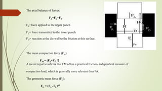 The axial balance of forces:
FA=FL+FD
FA=force applied to the upper punch
FL= force transmitted to the lower punch
FD= reaction at the die wall to the friction at this surface.
The mean compaction force (FM):
FM = (FA+F)L/2
A recent report confirms that FM offers a practical friction- independent measure of
compaction load, which is generally more relevant than FA.
The geometric mean force (FG):
FG = (FA . FL)0.5
 