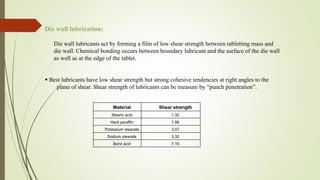Die wall lubrication:
Die wall lubricants act by forming a film of low shear strength between tabletting mass and
die wall. Chemical bonding occurs between boundary lubricant and the surface of the die wall
as well as at the edge of the tablet.
 Best lubricants have low shear strength but strong cohesive tendencies at right angles to the
plane of shear. Shear strength of lubricants can be measure by “punch penetration”.
Material Shear strength
Stearic acid 1.32
Hard paraffin 1.86
Potassium stearate 3.07
Sodium stearate 3.32
Boric acid 7.16
 