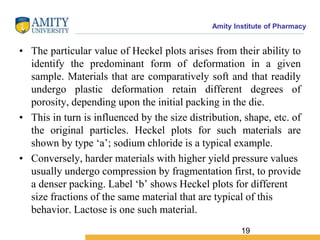 Amity Institute of Pharmacy
• The particular value of Heckel plots arises from their ability to
identify the predominant form of deformation in a given
sample. Materials that are comparatively soft and that readily
undergo plastic deformation retain different degrees of
porosity, depending upon the initial packing in the die.
• This in turn is influenced by the size distribution, shape, etc. of
the original particles. Heckel plots for such materials are
shown by type ‘a’; sodium chloride is a typical example.
• Conversely, harder materials with higher yield pressure values
usually undergo compression by fragmentation first, to provide
a denser packing. Label ‘b’ shows Heckel plots for different
size fractions of the same material that are typical of this
behavior. Lactose is one such material.
19
 