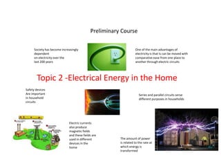 Preliminary CourseSociety has become increasingly dependenton electricity over thelast 200 yearsOne of the main advantages of electricity is that Is can be moved with comparative ease from one place toanother through electric circuits Topic 2 -Electrical Energy in the HomeSafety devicesAre importantin householdcircuitsSeries and parallel circuits serve different purposes in householdsElectric currentsalso producemagnetic fieldsand these fields areused in differentdevices in thehomeThe amount of power is related to the rate at which energy is transformed