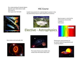 HSC CourseOur understanding of celestial objects depends upon observations made from Earth or 	from space near the Earth 	Careful measurement of a celestial object’s position in the sky (astrometry) may be used to determine its distance Spectroscopy is a vital tool forastronomers and providesa wealth ofinformationElective - AstrophysicsStars evolve and eventually ‘die’Photometric measurements canbe used for determining distance andcomparing objectsThe study of binary and variable starsreveals vital information about stars