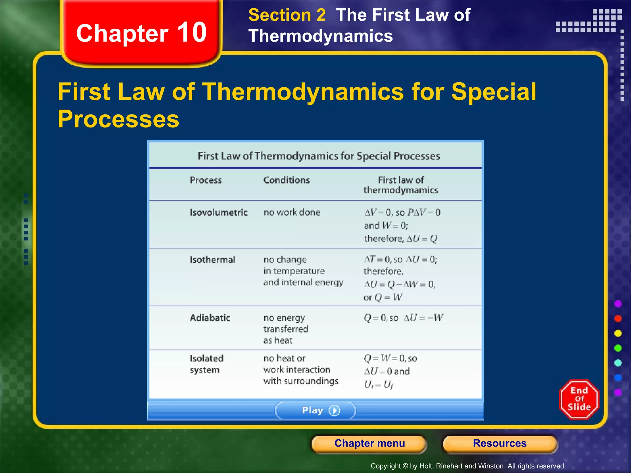 First Law of Thermodynamics for Special Processes Chapter  10 Section 2  The First Law of Thermodynamics 