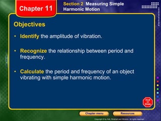 Objectives Identify   the amplitude of vibration. Recognize   the relationship between period and frequency. Calculate   the period and frequency of an object vibrating with simple harmonic motion. Chapter  11 Section 2  Measuring Simple Harmonic Motion 