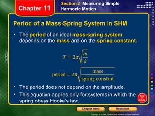 Period of a Mass-Spring System in SHM The  period  of an ideal  mass-spring system  depends on   the   mass   and on the  spring constant. Chapter  11 Section 2  Measuring Simple Harmonic Motion The period does not depend on the amplitude. This equation applies only for systems in which the spring obeys Hooke’s law.  