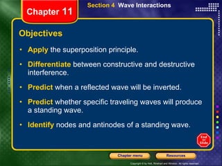 Objectives Apply  the superposition principle. Differentiate   between constructive and destructive interference. Predict   when a reflected wave will be inverted. Predict   whether specific traveling waves will produce a standing wave. Identify   nodes and antinodes of a standing wave. Chapter  11 Section 4  Wave Interactions 