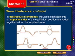 Wave Interference,  continued In  destructive interference,   individual displacements on  opposite sides  of the equilibrium position are added together to form the resultant wave. Chapter  11 Section 4  Wave Interactions 